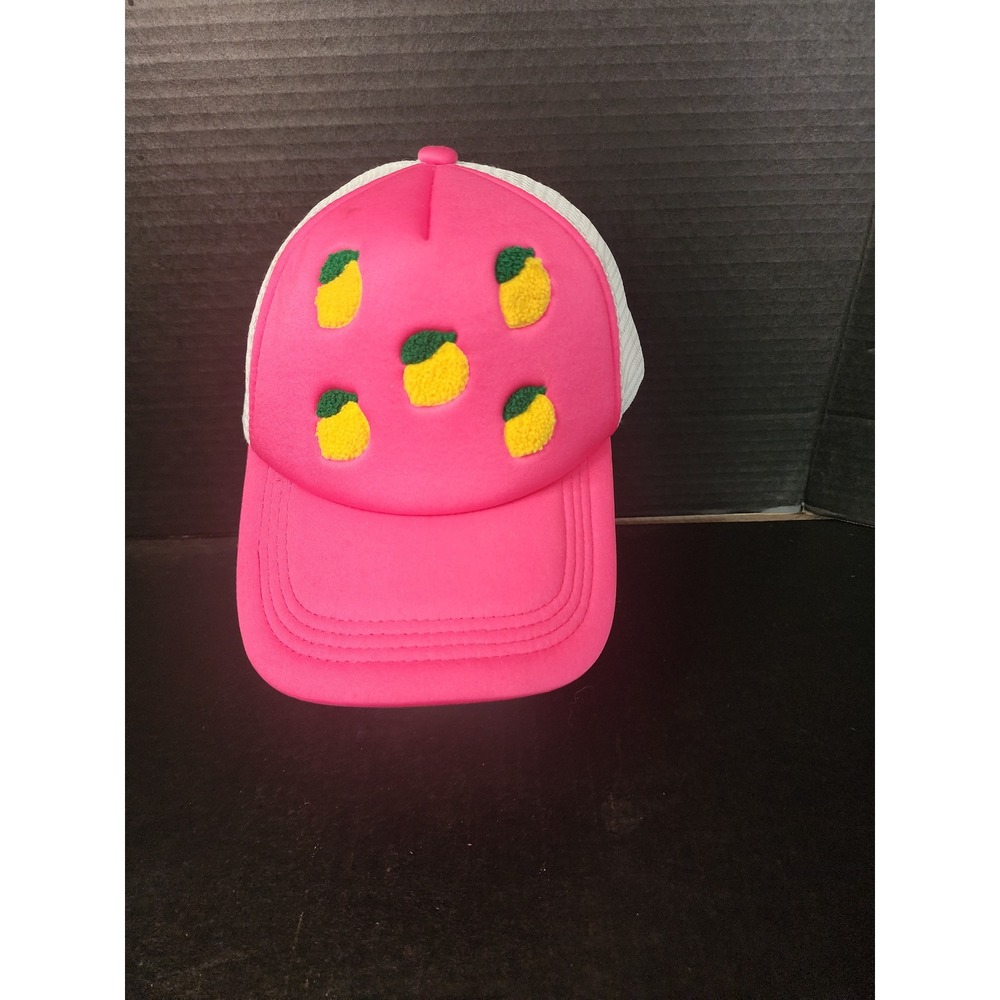 Pink Lemon Chenille Patch Foam Trucker Hat White Mesh Snapback Baseball Cap